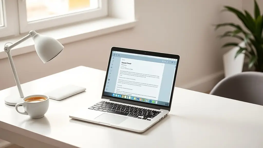 Un bureau ordonné avec un clavier et une tasse de café, symbolisant la rédaction d'emails professionnels en anglais