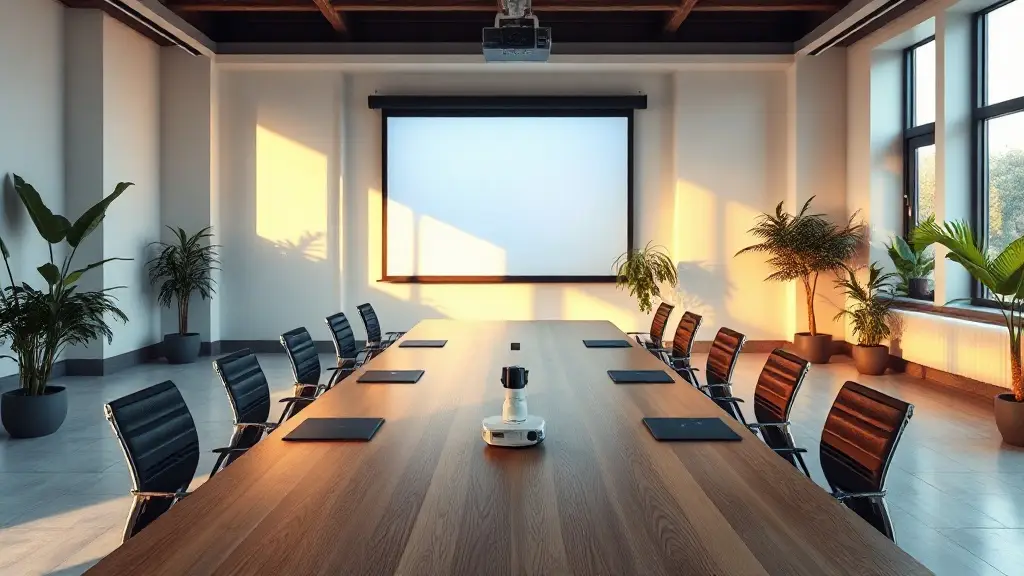 Une table de conférence moderne avec des chaises vides tournées vers un écran, symbolisant une réunion d'affaires en anglais