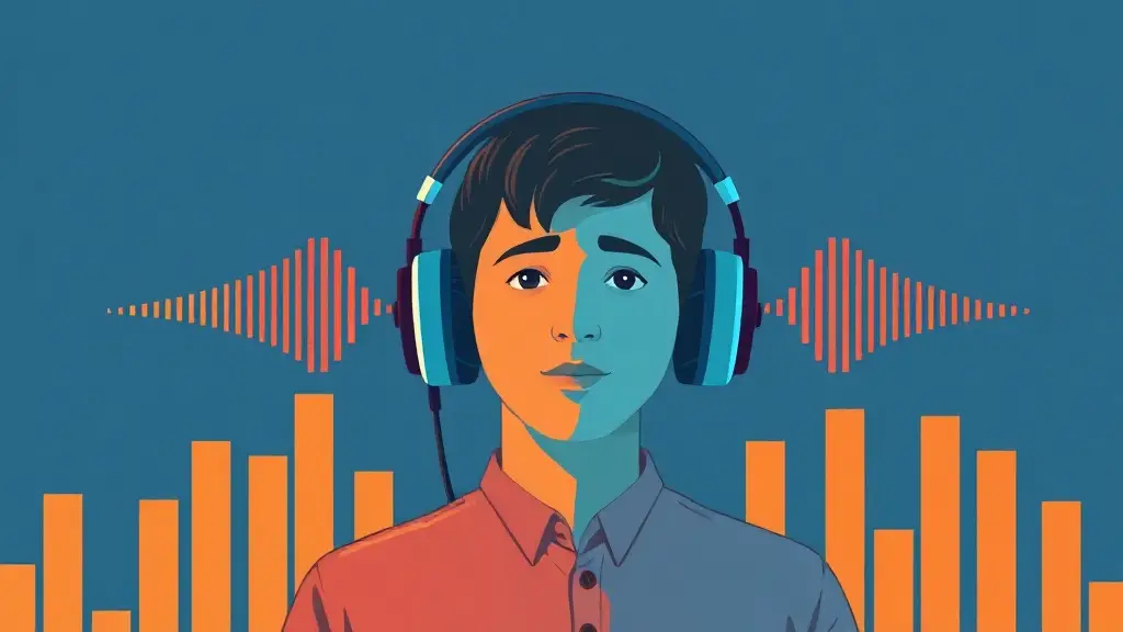 Illustration représentant une personne concentrée avec un casque audio, entourée d'ondes sonores colorées symbolisant la compréhension orale