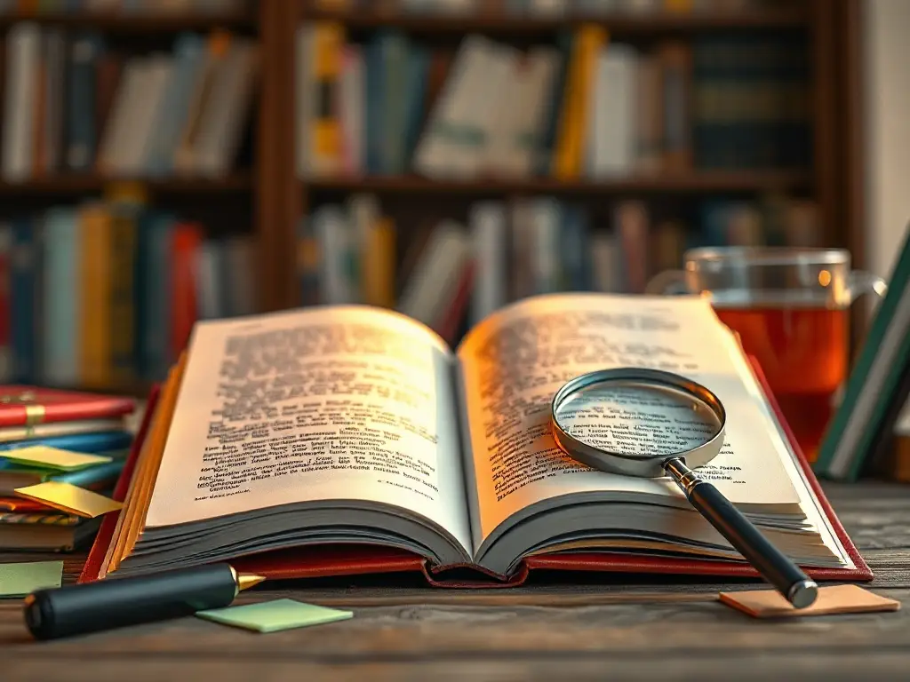 Illustration représentant une personne concentrée lisant un texte en anglais avec des notes colorées