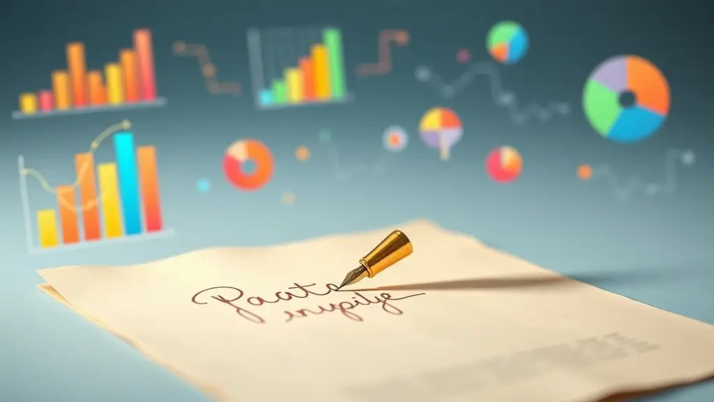 Illustration montrant une plume stylisée écrivant sur un parchemin avec des graphiques colorés
